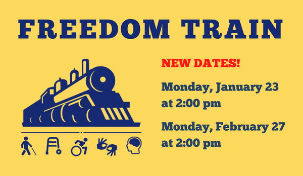 Yellow and blue graphic of locomotive above disability icons including person walking with a cane, a walker, person in a wheelchair, hands doing sign language, and a head with a brain.