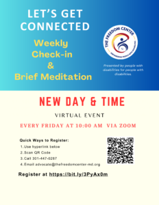 Flyer promoting Let's Get Connected Weekly Checkin and Meditation. Links to registration page. 