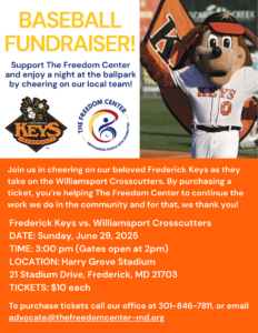 Flyer for baseball fundraiser with photo of Frederick Keys Mascot, Keyote the Coyote. Links to accessible pdf.