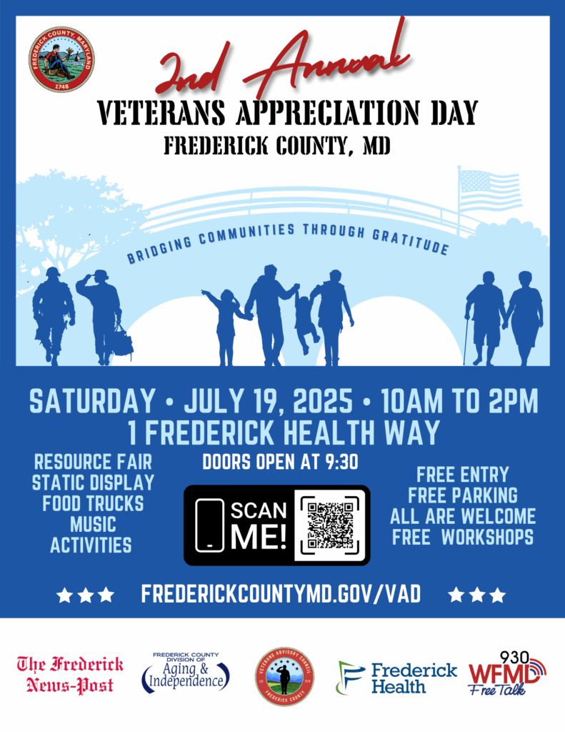 Flyer for Frederick County’s 2nd Annual Veterans Appreciation Day on July 19, 2025, from 10 AM to 2 PM at 1 Frederick Health Way, featuring a resource fair, food trucks, music, and free workshops.