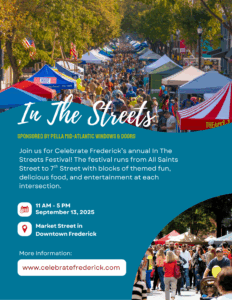 Flyer for Celebrate Frederick’s “In The Streets” Festival, sponsored by Pella Mid-Atlantic Windows & Doors. The background shows a vibrant crowd walking between vendor tents lining Market Street in Downtown Frederick. The event takes place on Saturday, September 13, 2025, from 11 AM to 5 PM, stretching from All Saints Street to 7th Street. The flyer highlights themed fun, food, and entertainment, with a website listed for more information: www.celebratefrederick.com.