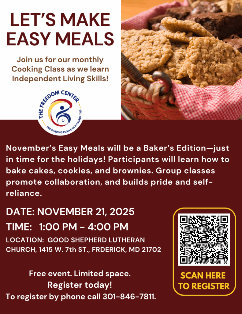 Flyer promoting Let's Make Easy Meals Baking Edition featuring photo of cookies and brownies. Links to registration form with more details.