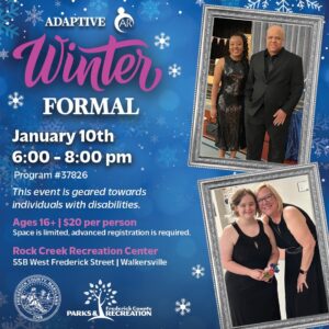 Event flyer for the Adaptive Winter Formal on January 10 from 6–8 PM, with photos of attendees dressed formally and smiling.