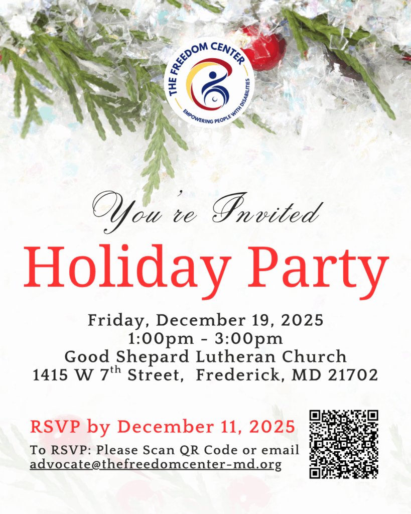 Holiday Party invitation for The Freedom Center on December 19, 2025, from 1–3 PM at Good Shepherd Lutheran Church in Frederick. RSVP by December 11.