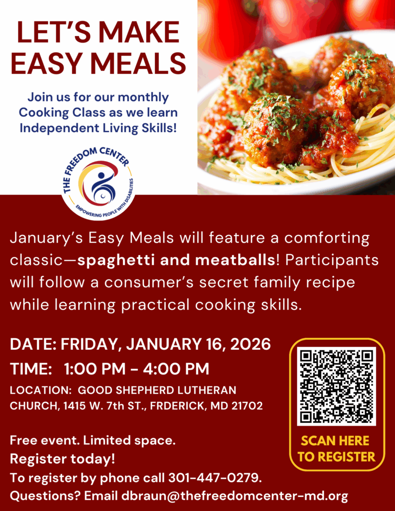 Flyer for Let's Make Easy Meals January 2026, featuring photo of spaghetti and meatballs. Links to registration form with more details.