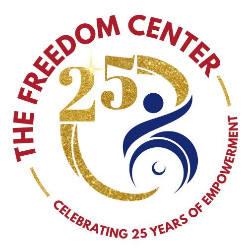 The Freedom Center 25th anniversary logo featuring a gold glitter “25” inside a circular design, a stylized blue human figure, and red text reading “The Freedom Center” and “Celebrating 25 Years of Empowerment."