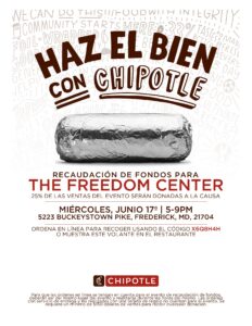 Volante de recaudación de fondos de Chipotle en español con un burrito envuelto en papel aluminio. Promueve un evento el miércoles 17 de junio, de 5 a 9 p. m., en Frederick, MD, a beneficio de The Freedom Center, donde el 25% de las ventas será donado.