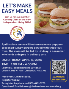 Flyer for a cooking class featuring turkey burgers and fries, with event details for April 17, 2026 in Frederick, MD and registration information.