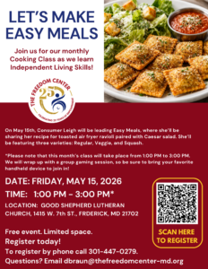 Flyer for May 2026 let's make easy meals. Links to registration form.