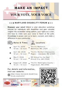 Flyer with Maryland-themed design reading “Make an Impact: Your Vote, Your Voice.” Promotes Maryland Disability Forum voter education workshops for people with disabilities. Includes dates and times (April 16 in Baltimore, April 30 in Aberdeen, May 9 in Ellicott City, and August 27 in Hagerstown, all 10 AM–12 PM), locations, a brief description about accessible voting and voter rights, a website link for more information, and a QR code. Logos of partner organizations appear along the bottom. Links to pdf.